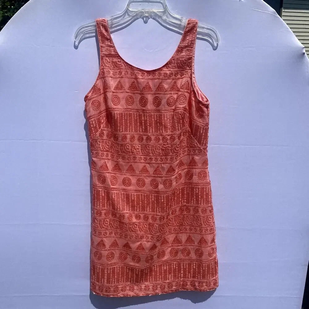 Oleg Cassini Pink Geometric Sequin Silk Summer Mini Cocktail Dress